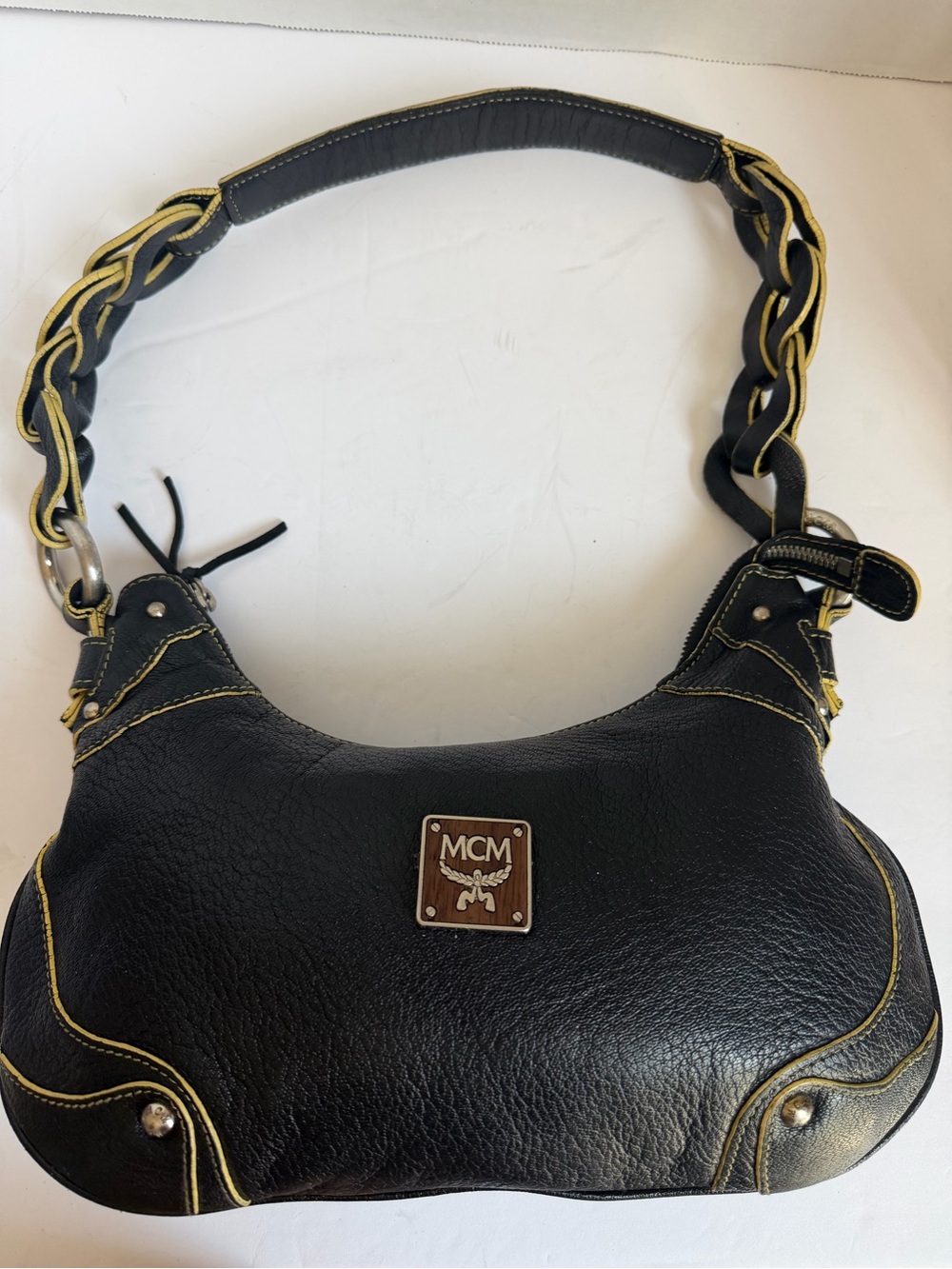MCM Black Leather Shoulder Bag with Yellow Contrast Chain Strap